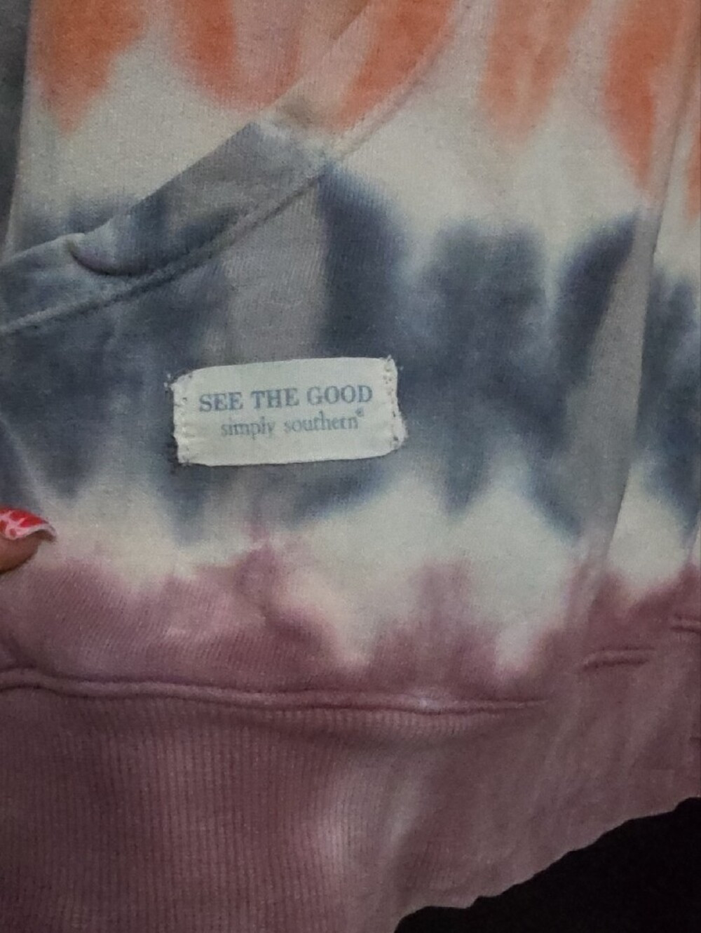 CHICKEN Simply Southern SZ S Tie-Dye Hoodie in Mauve, Purple, Orange & Blue - Picture 3 of 5